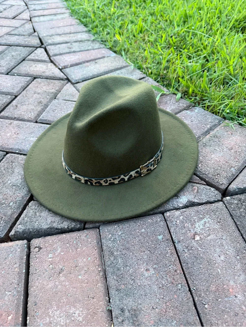 Olive Felt Fedora Hat with Leopard Accent Band
